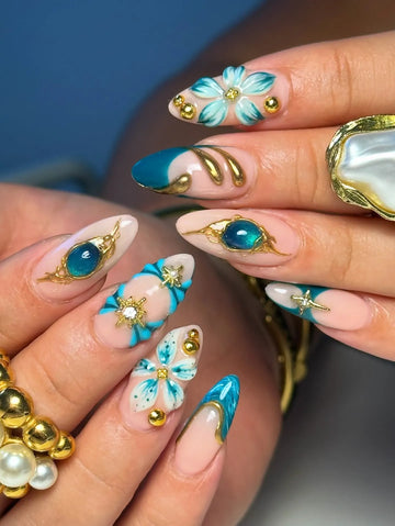 Mermaid Glow | Handmade 3D Teal Floral Gold Chrome Gemstone Press-On Nails
