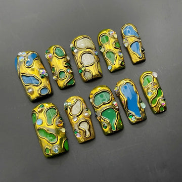 Metallic Mirage | Handmade Gold Green Blue Press-On Nails