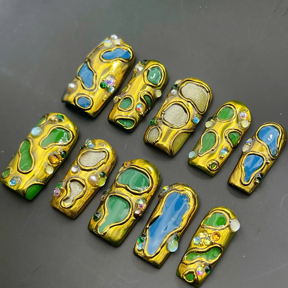 Metallic Mirage | Handmade Gold Green Blue Press-On Nails