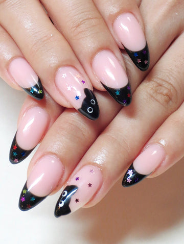 Midnight Kitty | Handmade Kawaii Black Cat Gothic Star Press-On Nails