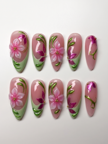 Mint Blossom | Handmade 3D Pink Floral Metallic Pastel Press-On Nails (Copy)