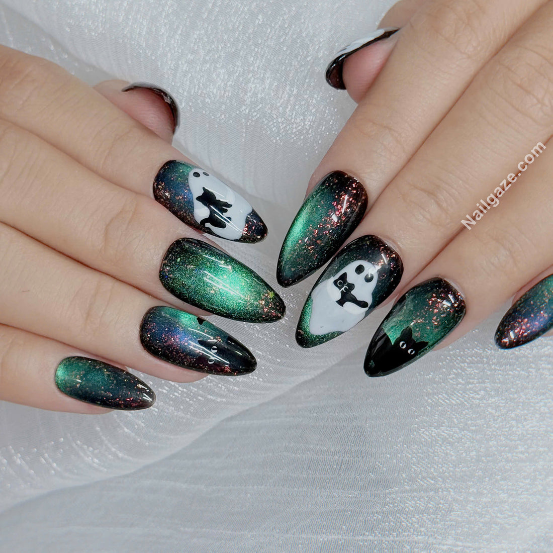 Mystic Midnight | Handmade Spooky Ghost Black Cat Green Cat Eye Press-On Nails