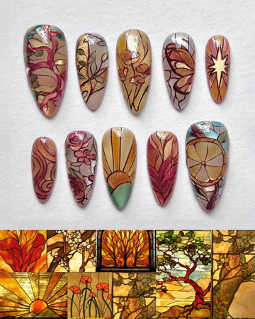 Nouveau Mosaic | Hand-Painted Stained Glass Art Nouveau Botanical Press-On Nails