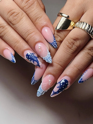 Ocean Breeze | Handmade 3D Seashell Blue Whale Shark Press-On Nails