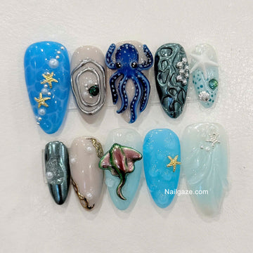 Ocean Realm | Handmade 3D Octopus Manta Ray Marine Press-On Nails