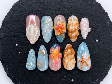 Ocean Siren | Handmade 3D Mermaid Seashell Starfish Hibiscus Press-On Nails