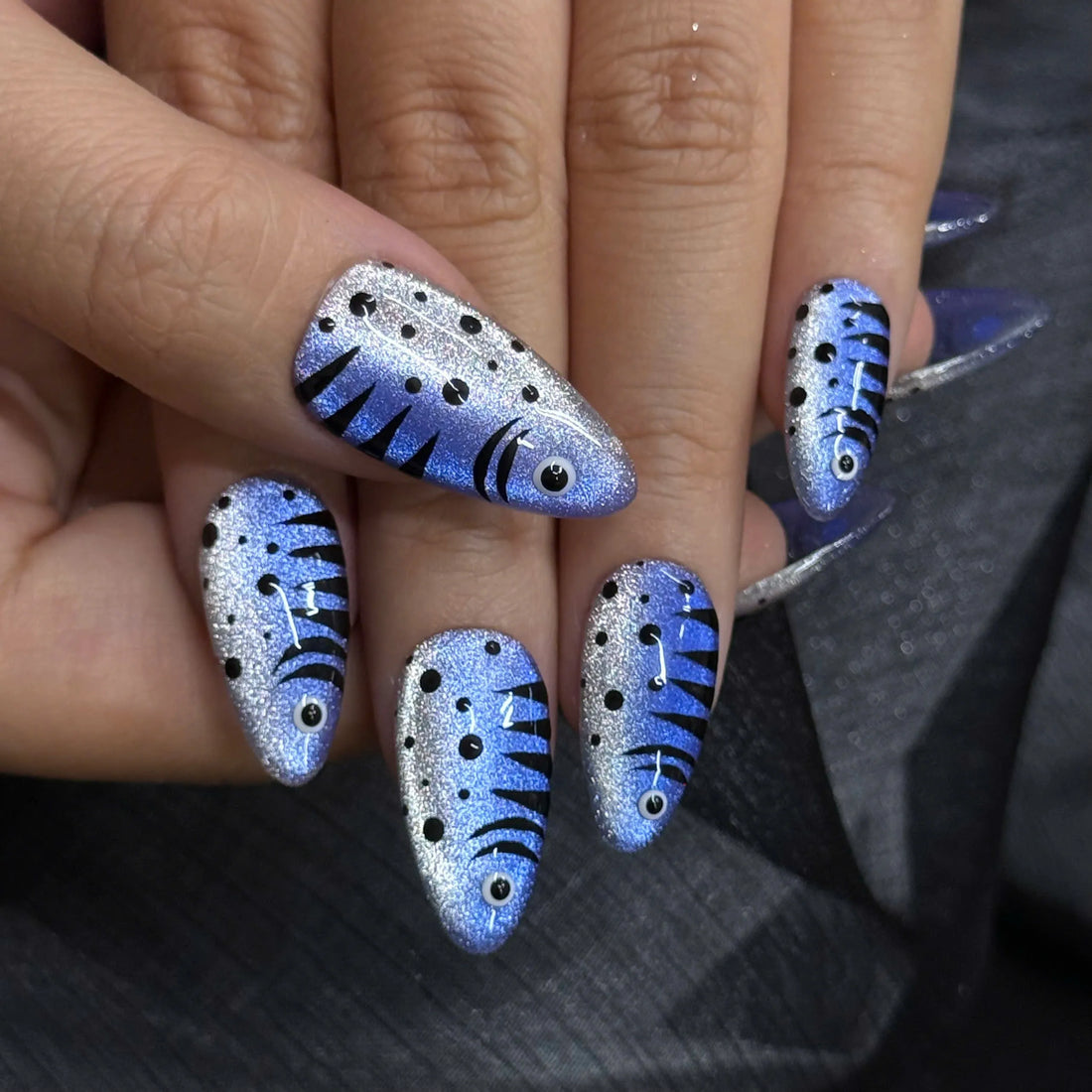 Ocean Waves | Handmade Blue Magnetic Cat Eye Fish Press-On Nails