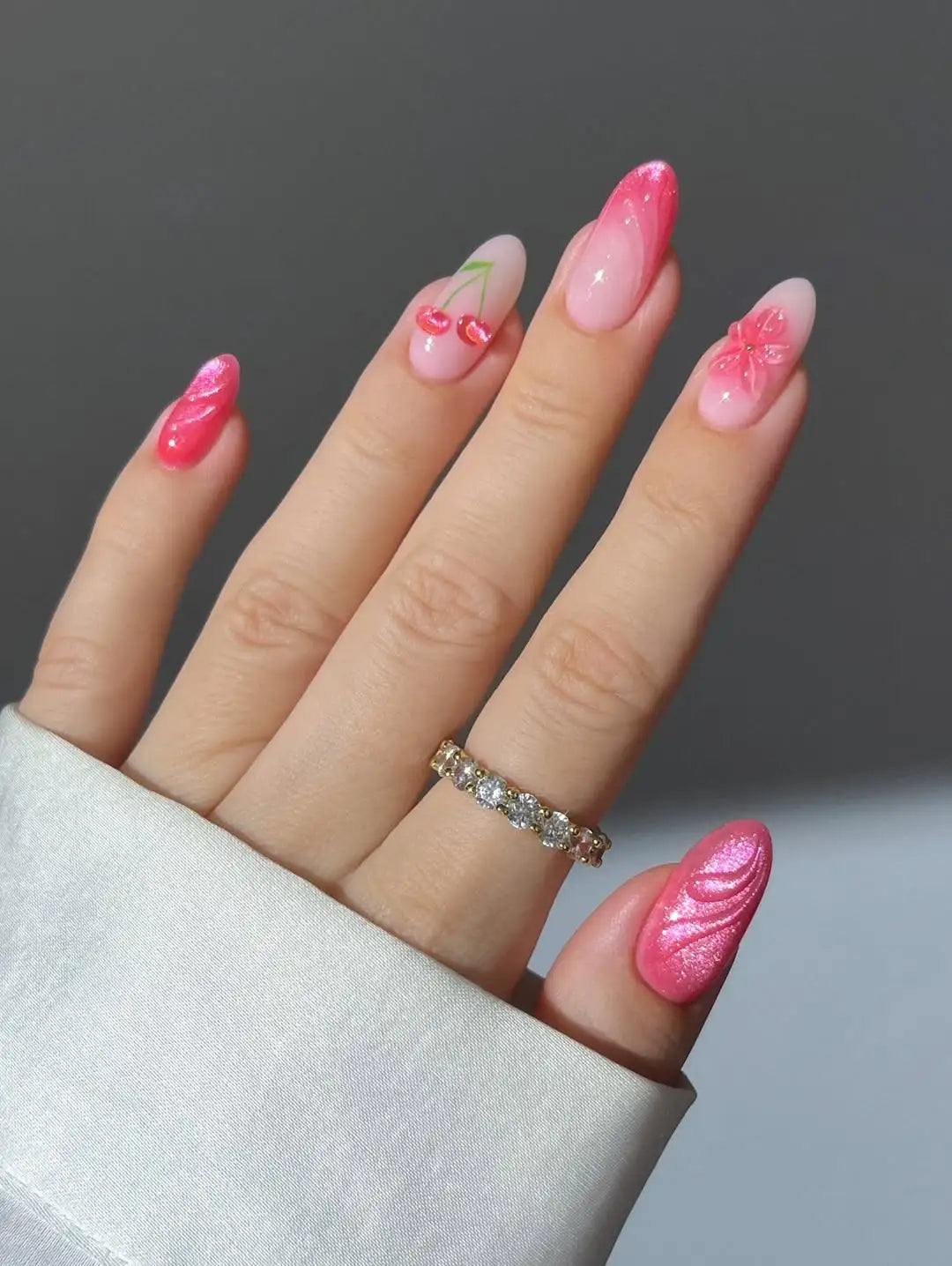 Ombre Cherry | Handmade Pink Textured Floral 3D Press-On Nails