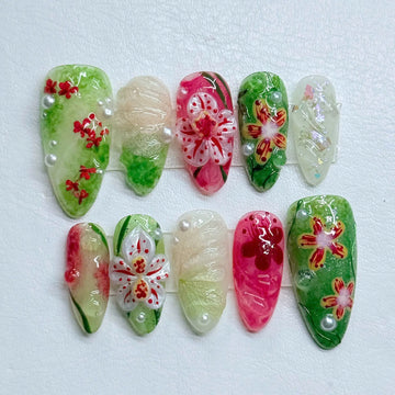 Orchid Breeze | Handmade 3D Tropical Floral Green Orchid Almond Press-On Nails