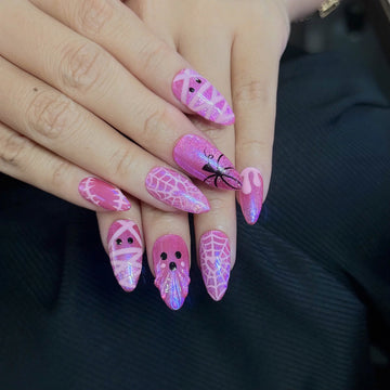 Pastel Boo | Handmade Pink Sparkle Kawaii 3D Ghost Mummy Press-On Nails