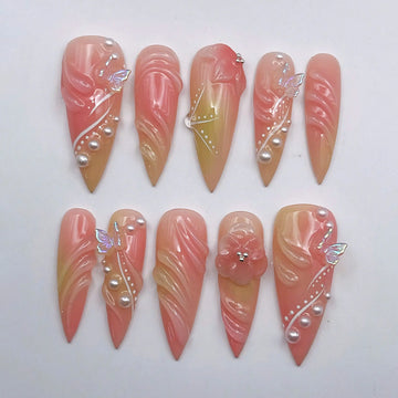 Pastel Butterfly | Handmade 3D Pink Spring Pearl Press-On Nails