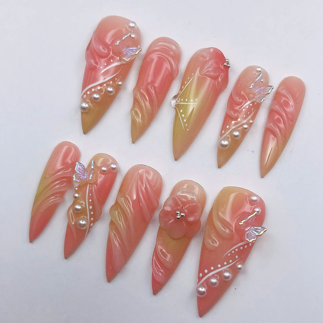 Pastel Butterfly | Handmade 3D Pink Spring Pearl Press-On Nails