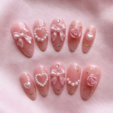 Pastel Ribbon | Handmade 3D Pink Bow Pearl Coquette Rose Press-On Nails
