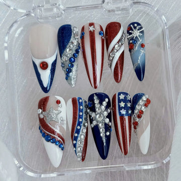 Patriotic Sparkle | Handmade USA Star Stripe Rhinestone Press-On Nails