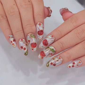 Pearl Cherry | Handmade Coquette 3D Fruit White Chrome Press-On