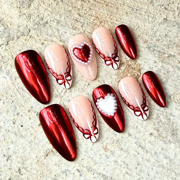 Pearl Heart | Handmade Red Chrome Bow Valentine Press-On Nails