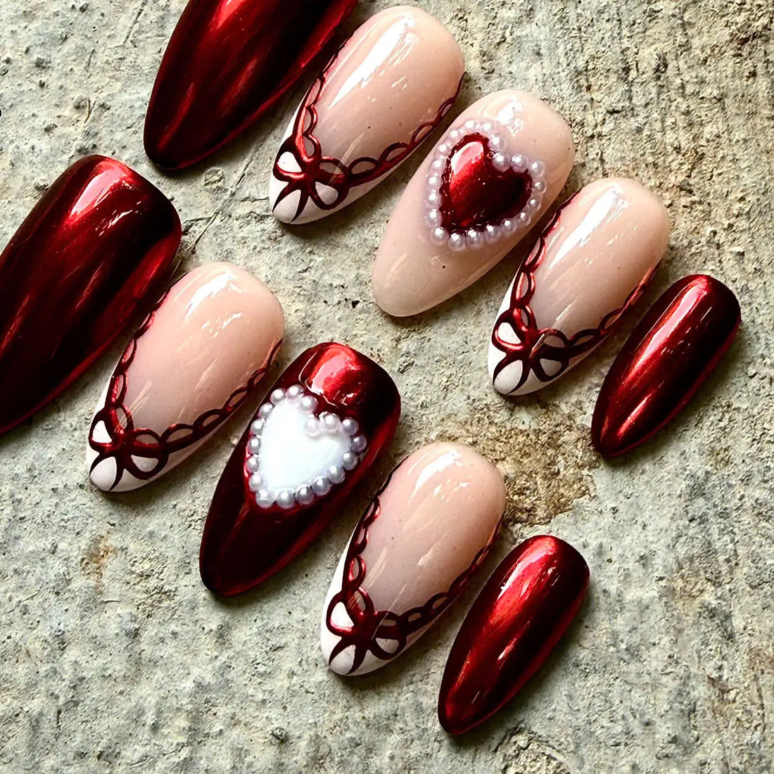 Pearl Heart | Handmade Red Chrome Bow Valentine Press-On Nails