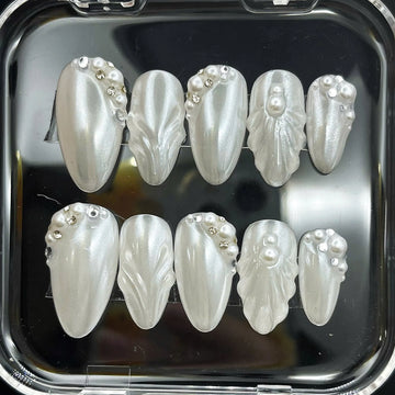 Pearlescent Grace | Handmade 3D Pearl White Bridal Wedding Press-On Nails