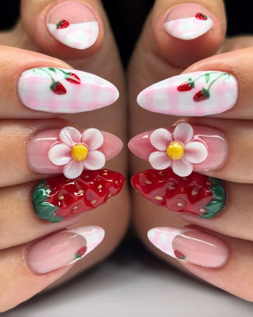 Picnic Berry | Handmade 3D Strawberry Daisy Pink Gingham Press-On Nails