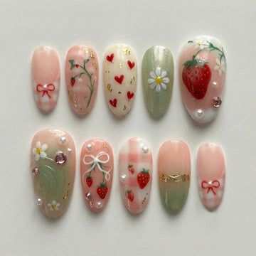 Picnic Blossom | Handmade Spring Daisy Strawberry Floral Garden Press-On Nails (Copy)