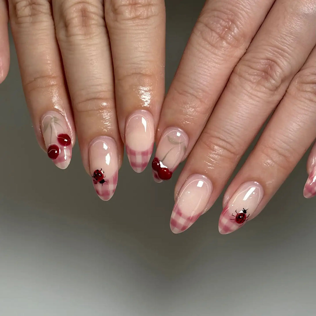 Picnic Cherry | Handmade Pink Plaid Coquette Press-On Nails