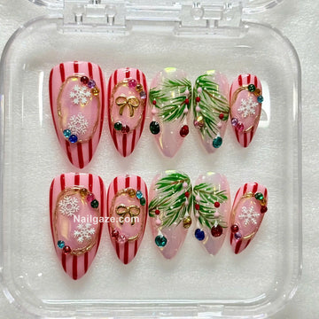 Pine Frost | Handmade Christmas Pine Snowflake Red Stripe Wreath Press-On Nails