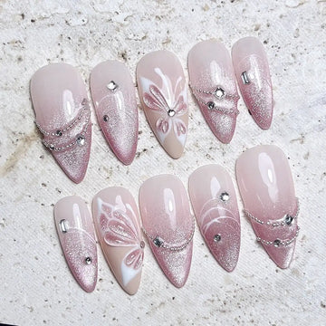 Pink Butterfly | Handmade Cat Eye Rhinestone Press-On Nails