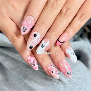 Pink Phantom | Handmade Pink Mouse Halloween Cute Ghost Spider Web Press-On Nails