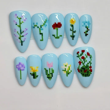 Pixel Garden | Handmade Video Game Flowers Blue Pixel Art Press-On Nails