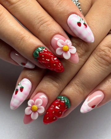 Plaid Strawberry | Handmade Pink 3D Fruit Spring Press-On Nails