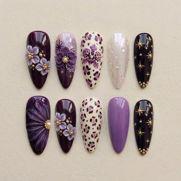 Plum Celestial | Handmade Purple Leopard 3D Orchid Press-On Nails