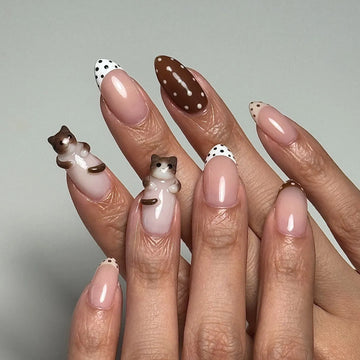 Polka Kitty | Handmade 3D Cat Cute Polka Dot French Gel Press-On Nails