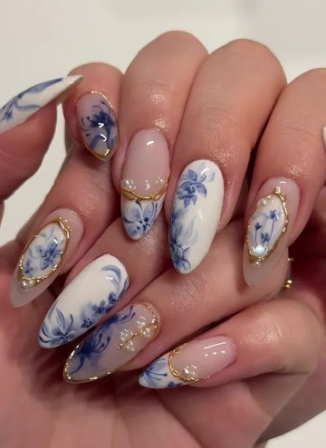 Porcelain Gold | Handmade Blue Porcelain Floral Gold Chrome Pearl Press-On Nails
