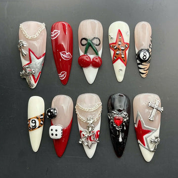 Punk Rock Cherry | Handmade Silver Star & Heart Press-On Nails