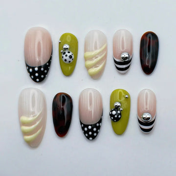 Quirky Ladybug | Handmade Y2K Mismatched Green Press-On Nails