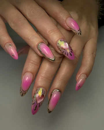 Radiant Heart | Handmade Pink Aura Blush 3D Gold Chrome Press-On Nails