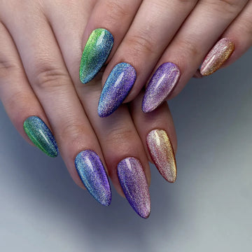 Rainbow Shimmer | Handmade Holographic Gradient Cat Eye Almond Press-On Nails