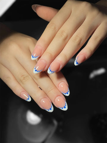 Retro Dots | Handmade Blue Polka Dot White French Press-On Nails