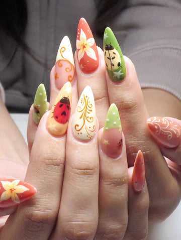Retro Garden | Handmade Spring Floral Ladybug Reusable Press-On Nails
