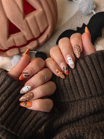 Retro Ghost | Handmade Retro Halloween Floral Ghost Orange Brown Press-On Nails
