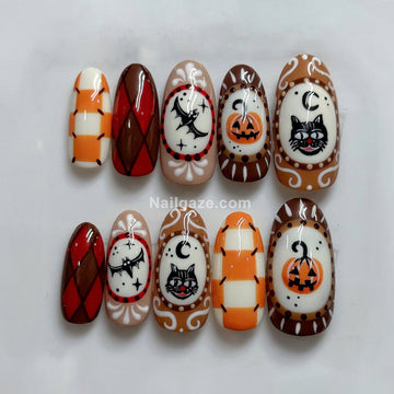 Retro Spook | Handmade Vintage Black Cat Pumpkin Halloween Press-On Nails