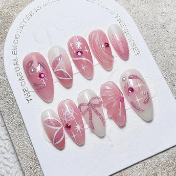 Ribbon Star | Handmade Coquette Pink 3D Glitter Bow Y2K Star Press-On Nails