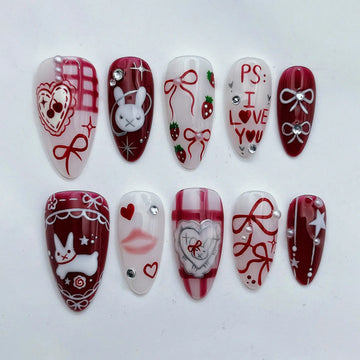 Romantic Bunny | Handmade Red Heart Valentine Press-On Nails
