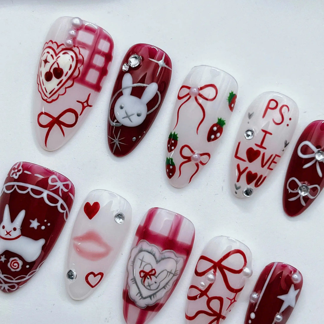 Romantic Bunny | Handmade Red Heart Valentine Press-On Nails