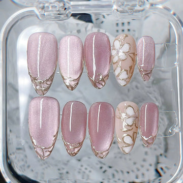 Romantic Floral | Handmade Pink Gold Gel Cat Eye Press-On Nails