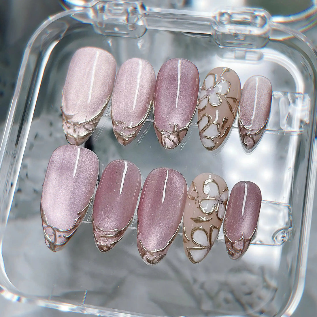 Romantic Floral | Handmade Pink Gold Gel Cat Eye Press-On Nails