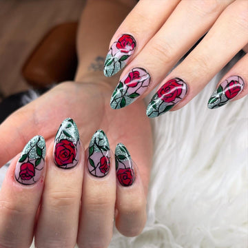 Romantic Mosaic | Handmade Stained Glass Rose Blue Cat Eye Press-On Nails