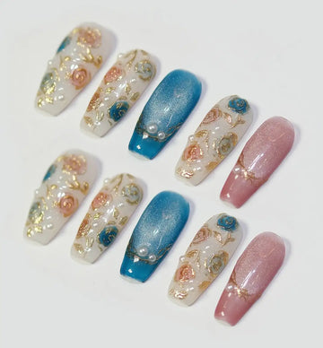 Rose Gold Elegance | Handmade 3D Floral Pearl Press-On Nails