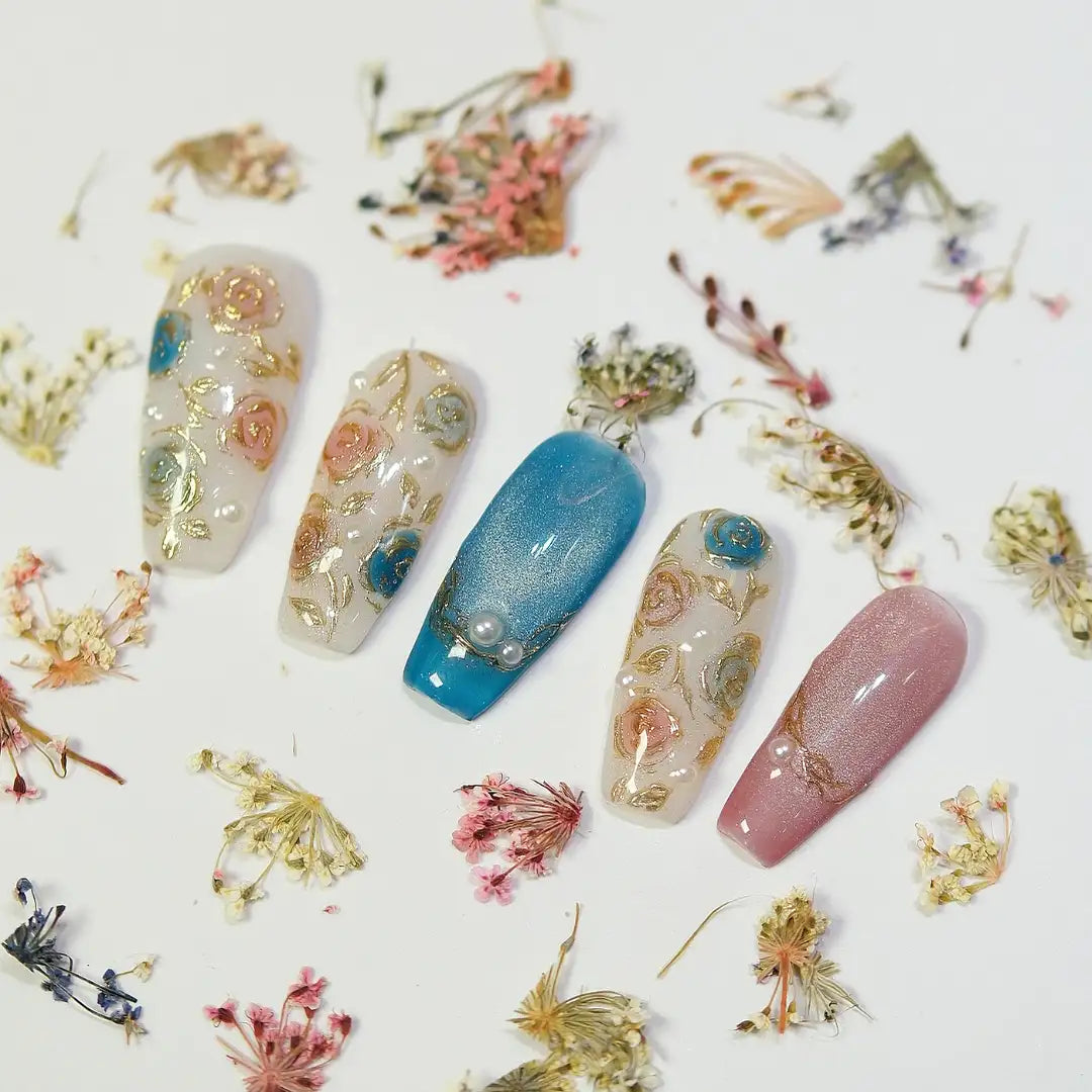 Rose Gold Elegance | Handmade 3D Floral Pearl Press-On Nails