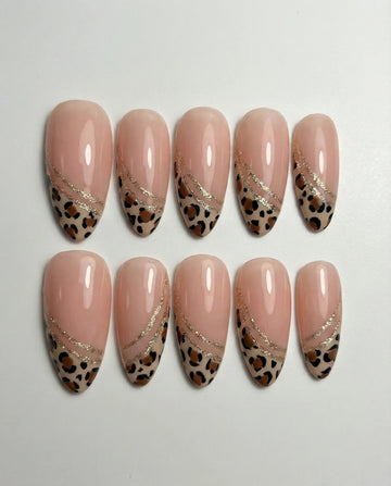 Rose Leopard | Handmade Leopard Print French Rose Gold Glitter Swirl Press-On Nails